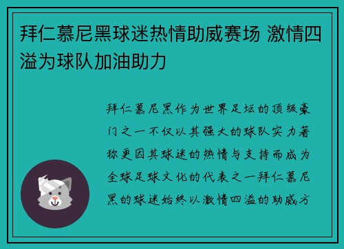 拜仁慕尼黑球迷热情助威赛场 激情四溢为球队加油助力